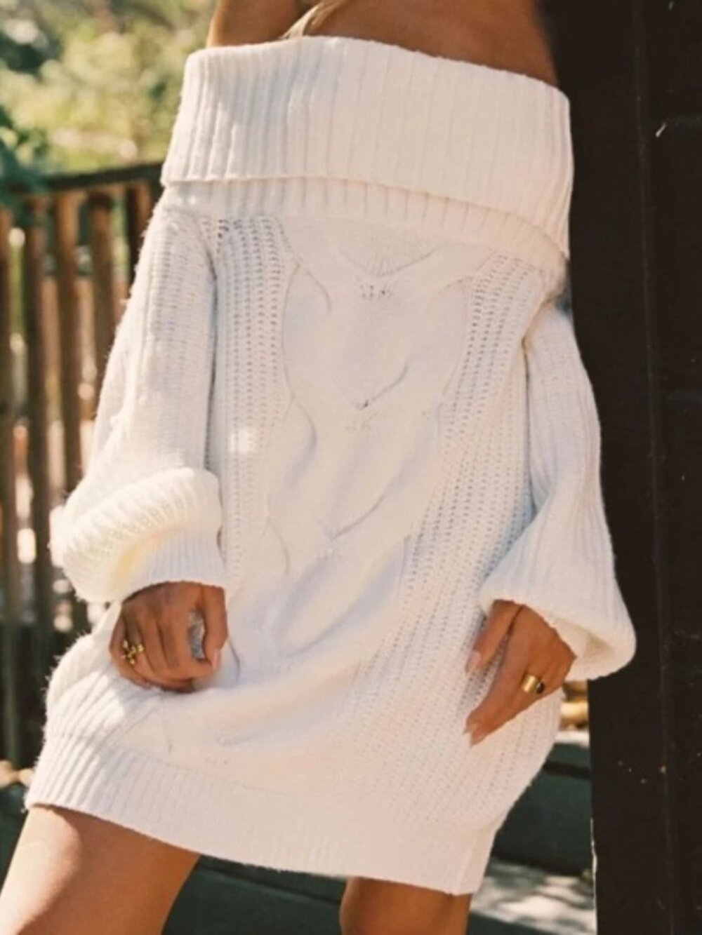 12th Tribe Off-the-Shoulder Chunky Cable Knit Sweater Dress Womens White Comfy L